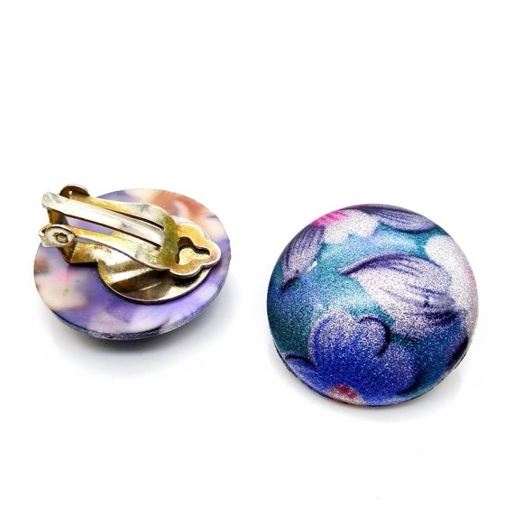 Shimmery Floral Dome Earrings, Clip On Circles in Fairy Hues - Picture 5 of 5
